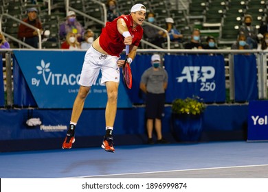 DELRAY BEACH, FL - JANUARY 11, 2021: John Isner Of USA In Action During His Men's Quarter Final Match Against Sebastian Korda Of USA During The Delray Beach Open.