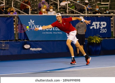 DELRAY BEACH, FL - JANUARY 11, 2021: John Isner Of USA In Action During His Men's Quarter Final Match Against Sebastian Korda Of USA During The Delray Beach Open.