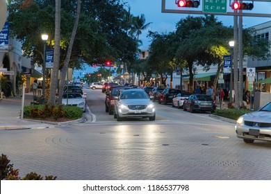 Delray Beach, USA - Circa 2018: Downtown Delray Beach Florida In Evening As Nightlife Crowd Gathers At Bars And Restaurants For Dining And Drinks During Summer Nights