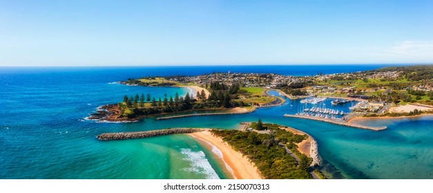 Delta Of Bermagui River Entering Pacific Ocean In Bermagui Town Of Sapphire Coast, Australia - Aerial Landscape Panorama.