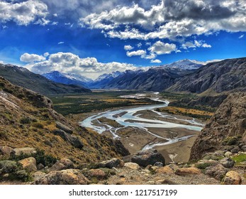 A delta and divergence of the river into many different streams with a picturesque mountainous background over the valley in el chalten, Argentina