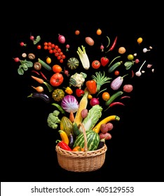 Deluxe Food In Basket. Studio Photography Of Different Fruits And Vegetables Isolated On Black Background. Top View. High Resolution Product.