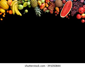 Deluxe Fruits Background. Studio Photography Different Fruits Isolated On Black Background. Copy Space. High Resolution Product