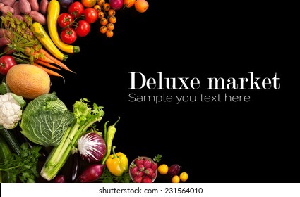 Deluxe Market / Studio Photo Of Different Fruits And Vegetables On Black Backdrop 