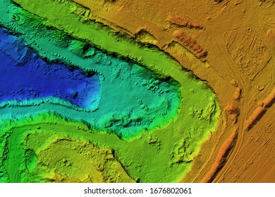 DEM - digital elevation model. GIS product made after proccesing aerial pictures taken from a drone. It shows excavation site with steep rock walls