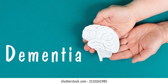 Dementia Is Standing On A Paper, Hands Holding Brain, Disease Diagnosis, Alzheimer's Illness, Awardness Day