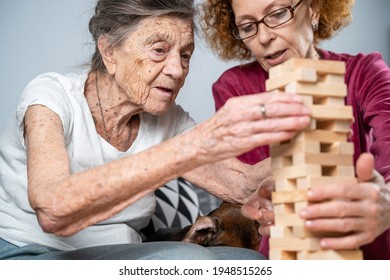 Dementia therapy. Social worker and dog plays an educational board game with senor patient at nursing home. Jenga game. Caregiver, pet and elderly female build tower of blocks in retirement home. - Powered by Shutterstock