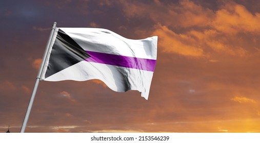 The demisexual flag, in which the black chevron represents asexuality, gray represents gray asexuality and demisexuality, white represents sexuality, and purple represents community