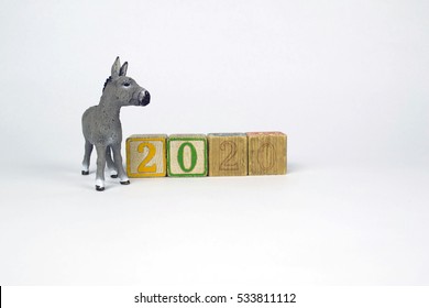 The Democrats look toward their future in 2020. A donkey looking at number blocks that represent the year of the next presidential election in 2020.