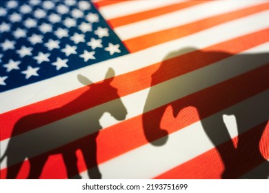 Democrats vs republicans are in a ideological duel on the american flag. In American politics US parties are represented by either the democrat donkey or republican elephant. animal shadows on flag - Shutterstock ID 2193751699