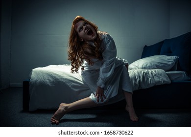 Demonic Creepy Girl In Nightgown Shouting In Bedroom