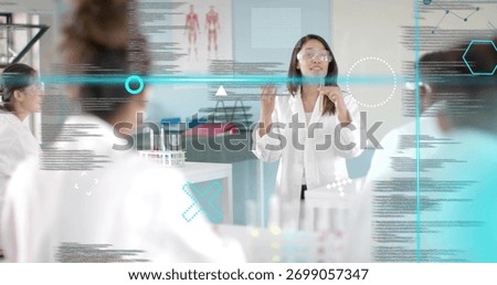 Demonstrating instructor pipetting and explaining experiment in lab with test tubes, data overlays. Education, innovation, stem, science, technology, learning, laboratory