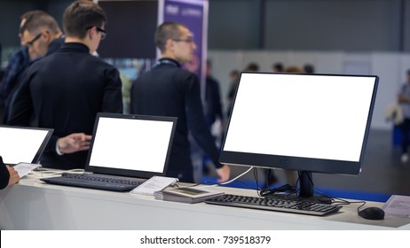 Demonstration And Exhibition Of Electronics And Computer Technology. Stand With Monitors And Samples Of Production. Mock Up For Designers.