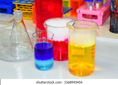 Demonstration Experiment In A Chemical Laboratory. Formation Of Intense Blue Complex Of Cupper After Addition Of Ammonia To A Solution