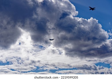 Demonstration Of Interception Of Pilatus PC-24 T-786 Airplane By Two FA 18 Hornet Fighter Jets Of The Swiss Air Force At Axalp Air Display 2022. Photo Taken October 18th, 2022, Axalp, Switzerland.