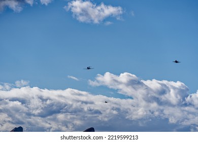 Demonstration Of Interception Of Pilatus PC-24 T-786 Airplane By Two FA 18 Hornet Fighter Jets Of The Swiss Air Force At Axalp Air Display 2022. Photo Taken October 18th, 2022, Axalp, Switzerland.