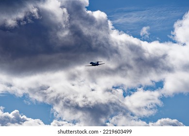 Demonstration Of Interception Of Pilatus PC-24 T-786 Airplane By Two FA 18 Hornet Fighter Jets Of The Swiss Air Force At Axalp Air Display 2022. Photo Taken October 18th, 2022, Axalp, Switzerland.