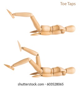 Demonstration Of Wood Manikin In Toe Taps Exercise Pose On White Background.