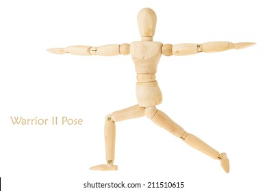 demonstration of wood manikin in warrior II pose on white background. this pose is part of yoga training. - Powered by Shutterstock