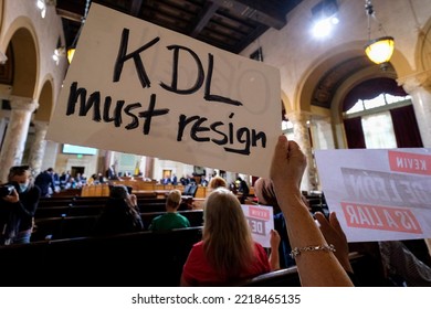 Demonstrators Holding Signs Protest During The Los Angeles City Council Meeting Tuesday, Oct. 25, 2022 In Los Angeles. 