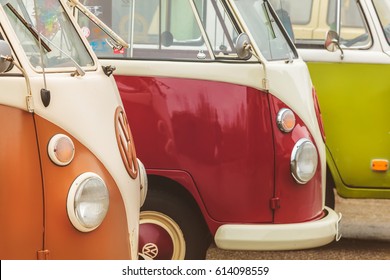 DEN BOSCH, THE NETHERLANDS - JANUARY 8, 2017: Row of vintage Volkswagen Transporter buses from the seventies in Den Bosch, The Netherlands