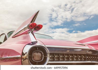 DEN BOSCH, THE NETHERLANDS - MAY 14, 2017: Rear End Of A Classic Pink Cadillac Fifties Car In Den Bosch, The Netherlands