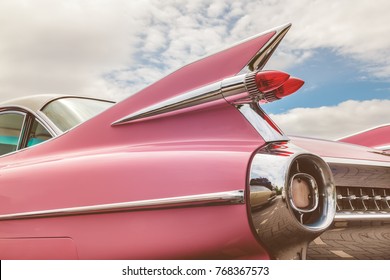 DEN BOSCH, THE NETHERLANDS - MAY 14, 2017: Rear End Of A Classic Pink Cadillac Fifties Car In Den Bosch, The Netherlands