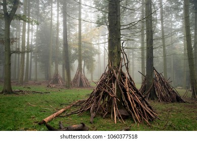 Den Building Area For Children In Woodland Landscape On Foggy Autumn Morning