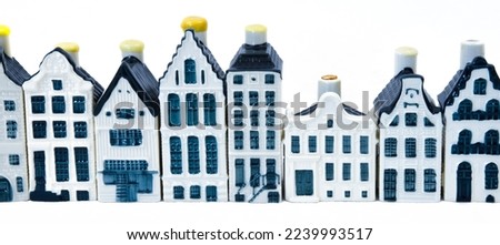 Den Helder, Netherlands. December 2022. The porcelain KLM houses with gin, rendered in Delft's Blue. High quality photo