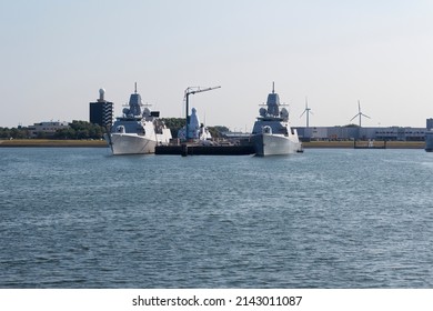 Den Helder, Netherlands - Sep 5 2013: Royal Dutch Navy Frigates HNLMS De Zeven Provinciën F802 and HNLMS De Ruyter F804 moored in Navy port of Den Helder