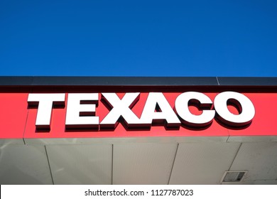 DEN HOORN, THE NETHERLANDS - June 25, 2018: Texaco lettering at gas station. Texaco is an American oil subsidiary of Chevron Corporation.