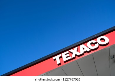 DEN HOORN, THE NETHERLANDS - June 25, 2018: Texaco lettering at gas station. Texaco is an American oil subsidiary of Chevron Corporation.