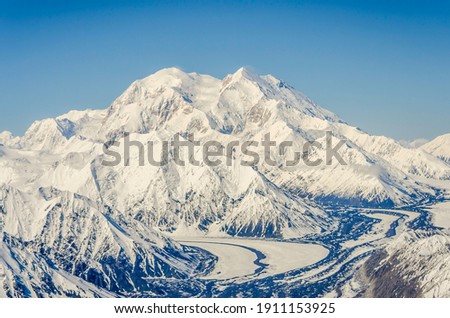 Denali Mountain in Alaska With Blue Sky and Clouds in Denali National Park, USA.
