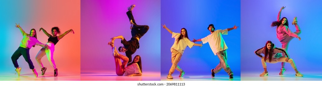 Denamics. Collage of talented young hip-hop dancers in motion isolated over multicolored background in neon light. Youth culture. Concept of lifestyle, motion, action, rhytm, youth. Copy space for ad