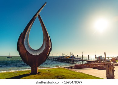 Denham, WA, Nov 2019: Dirk Hartog sculpture inspired by ships and sea made of steel and bronze. Modern sculpture art at the shore of Indian Ocean, Shark Bay, Western Australia