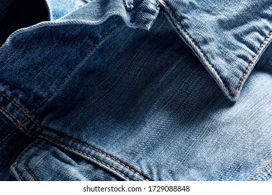 Denim Or Blue Jean Jacket Collar. Close Up View. 