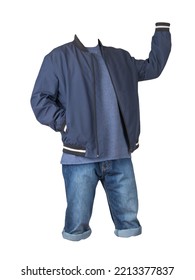 Denim Blue Shorts,blue T-shirt And Dark Blue Bomber Jacket On A Zipper Isolated On White Background