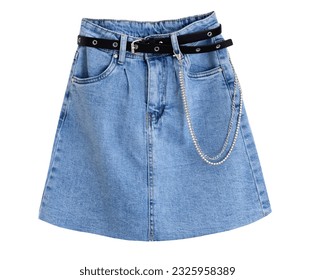 Denim blue skirt isolated on white. Jean wear. Women's clothes.Female clothing.