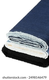 Denim fabric, roll-up isolated on a white background