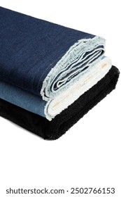 Denim fabric, roll-up isolated on a white background