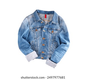 Denim jacket isolated, denim clothes. Buttoned longsleeve female jacket.