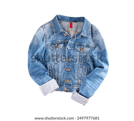 Denim jacket isolated, denim clothes. Buttoned longsleeve female jacket.