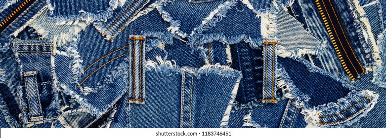 Denim Jeans Background. Destroyed Torn Classic Denim Blue Jeans Patches, Banner Fashion Background