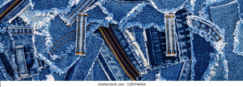 Denim jeans background. Destroyed torn denim blue jeans patches, banner fashion background