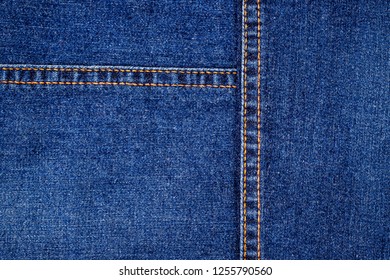 Denim Jeans Background And Orange Double Denim Seam, Text Place, Copy Space.  