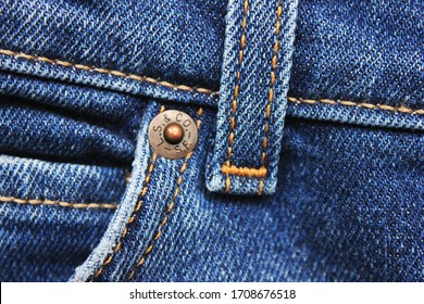 Denim Jeans Front Pocket Detail Of Levi's (Levi Strauss) Classic Pants In Moscow On April 2020. Levi Strauss Clothing Detail, Brand Jeans With Metal Rivet, Seams And Stitches