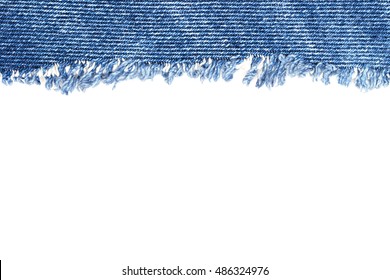 Denim Jeans Ripped Destroyed Torn Blue Patch frayed flap fabric frame isolated on white background, text place