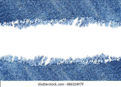 Denim Jeans Ripped Destroyed Torn Blue Patch Frayed Flap Fabric Frame Isolated On White Background, Text Place