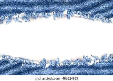 Denim Jeans Ripped Destroyed Torn Blue Patch frayed flap fabric frame isolated on white background with copy space, text place