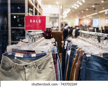 Denim, Jeans, Shelves In The Clothing Store